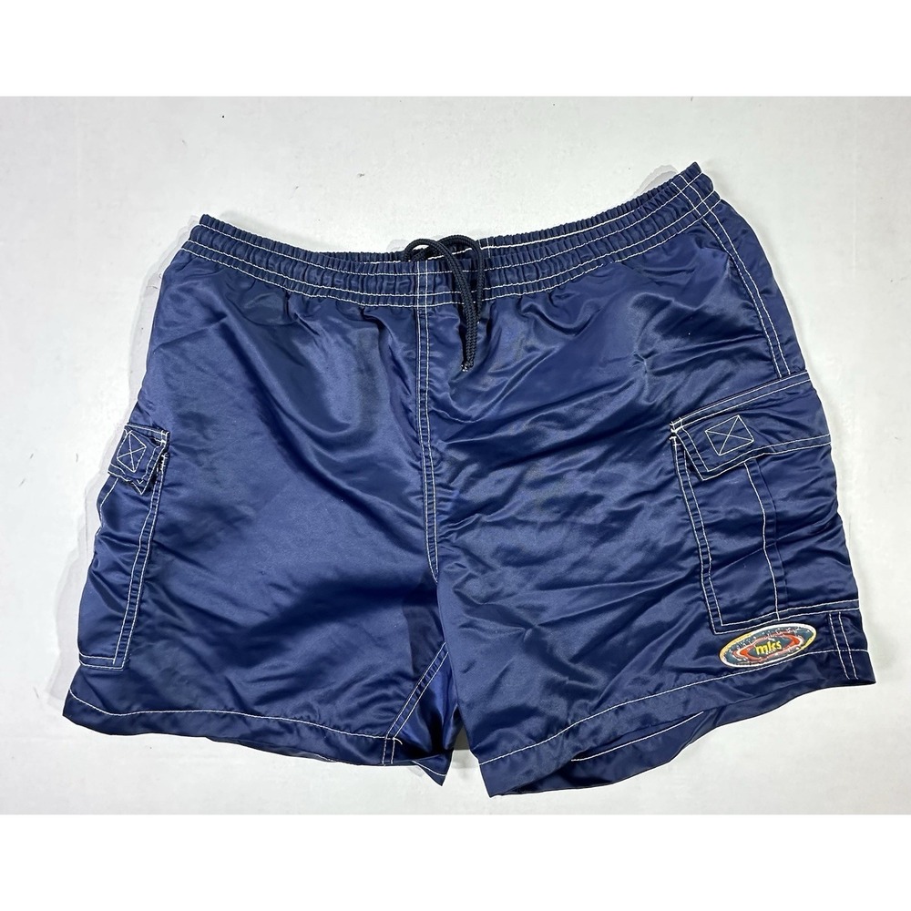 MKS Navy Cargo Swim Trunks Mens Size ~L 21x9 Elastic Waist Mesh Lined Pockets